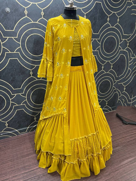 Phenomenal Mustard Color Georgette Embroidered Work Indo Western Suit