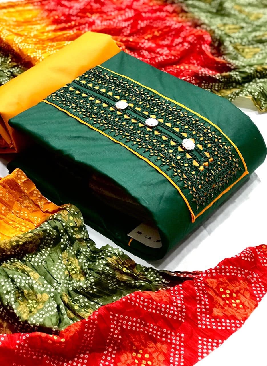 Sensational Green Color Cotton Codding Work Salwar Suit For Women