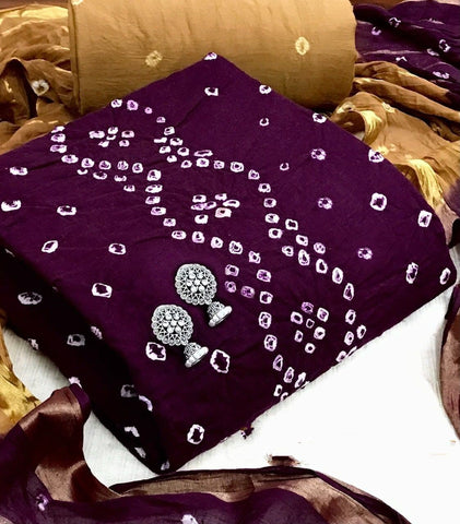 Appealing Wine Color Bandhani Hand Work Cotton Salwar Kameez
