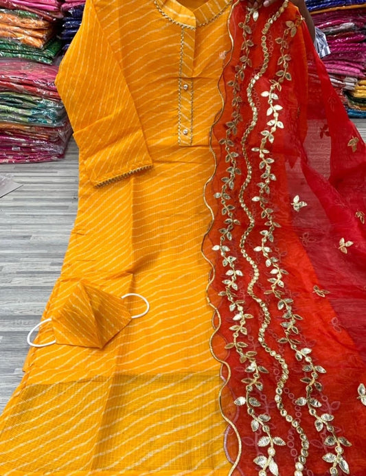 Stunning Yellow Color Ready Made Kota Checks Gotta Patti Kurti