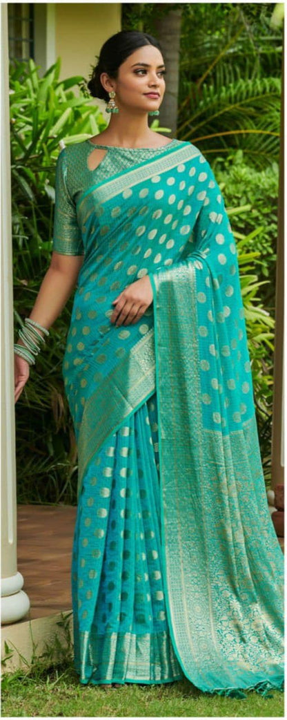 Blooming Firozi Color Chiffon Zari Work Saree Blouse For Wedding Wear