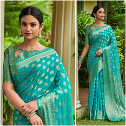 Blooming Firozi Color Chiffon Zari Work Saree Blouse For Wedding Wear