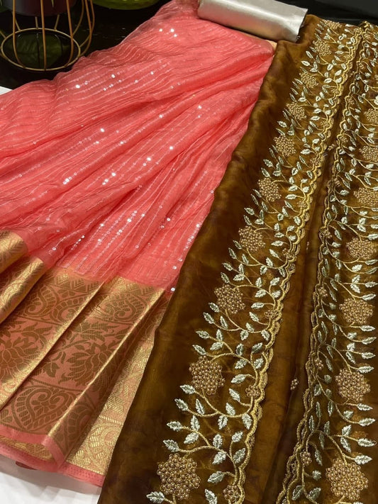 Classic Peach Color Wedding Wear Sequence Work Organza Lehenga