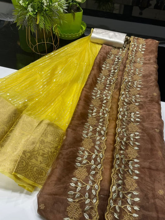 Flattering Yellow Color Occasion Wear Organza Sequence Work Lehenga