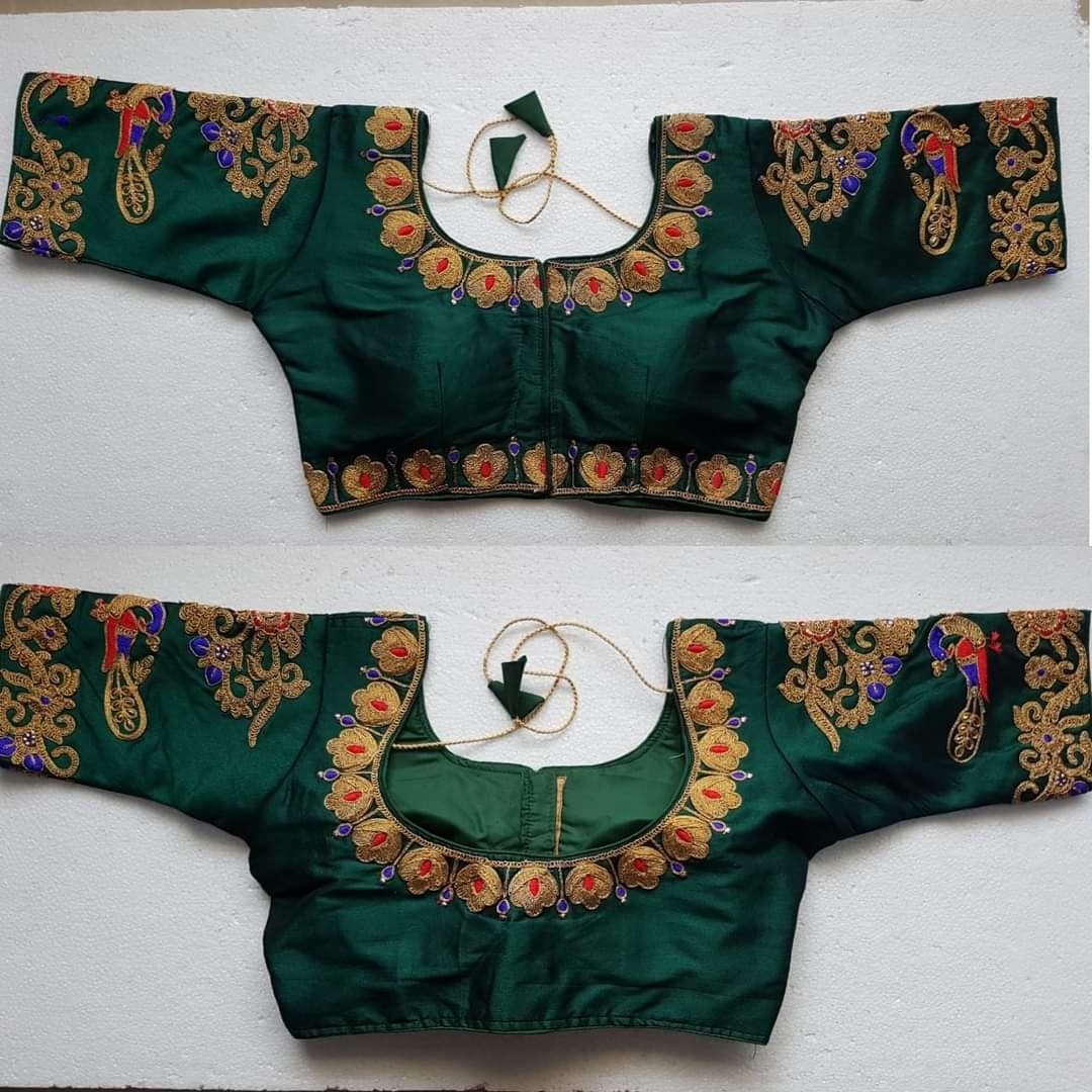 Stunning Green Color Silk Ready Made Embroidered Work Blouse For Ladies