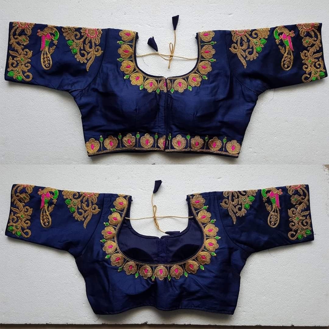 Desirable Navy Blue Color Silk Ready Made Multi Work Blouse For Ladies