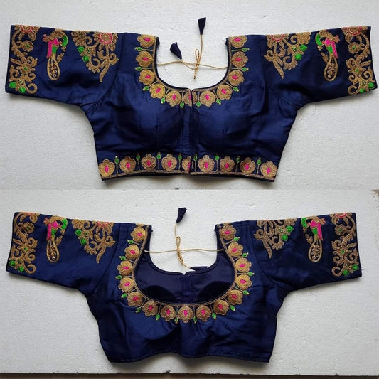 Desirable Navy Blue Color Silk Ready Made Multi Work Blouse For Ladies