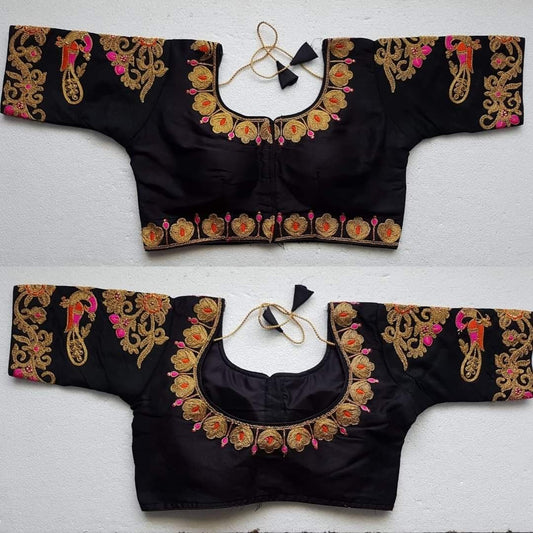 Elegant Black Color Silk Embroidered Work Function Wear Blouse