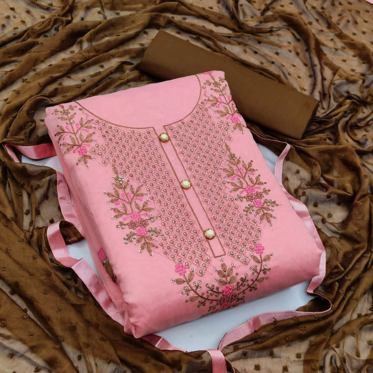 Good-looking Pink Color Casual Wear Chanderi Embroidered Work Salwar Suit