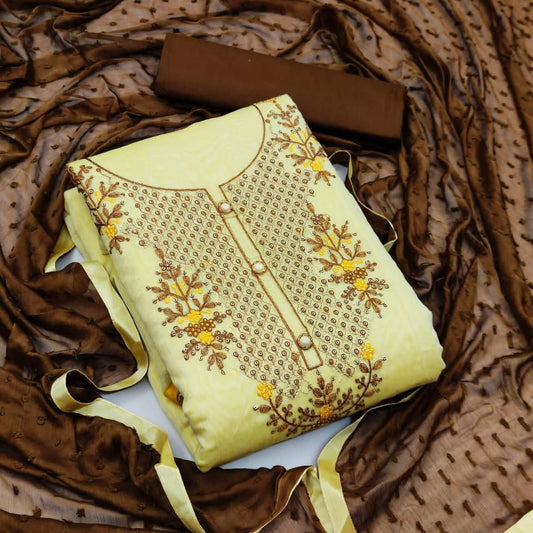 Jazzy Cream Color Regular Wear Chanderi Embroidered Work Salwar Suit