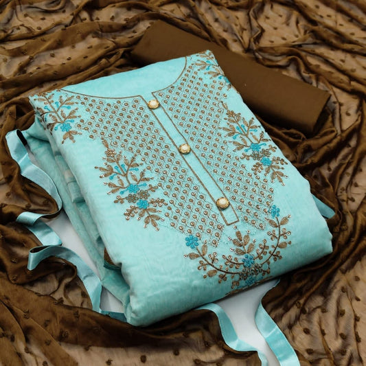 Thrilling Blue Color Embroidered Work Chanderi Salwar Kameez