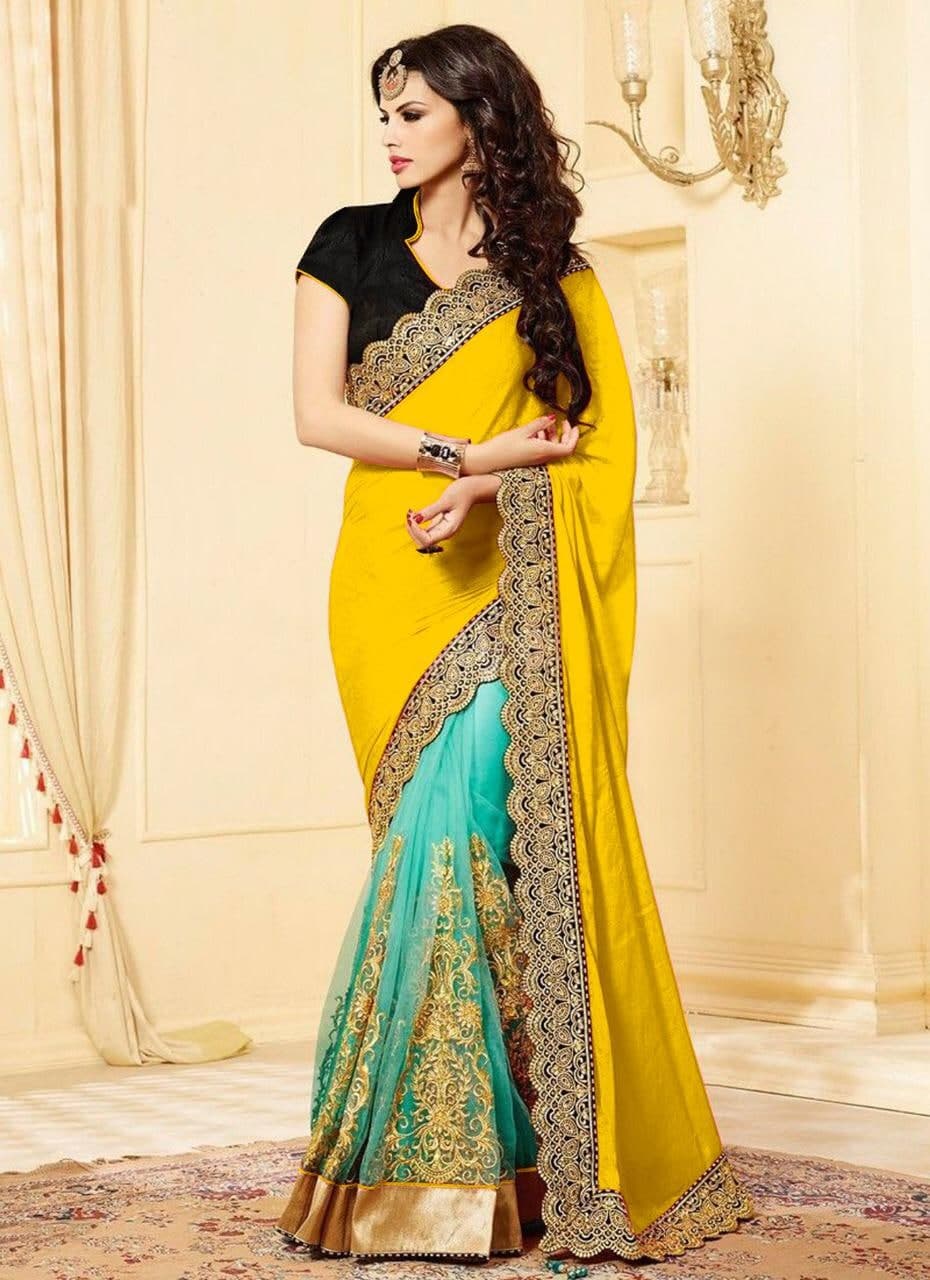 Intricate Yellow Color Wedding Wear Chiffon Embroidered Work Fancy Saree Blouse