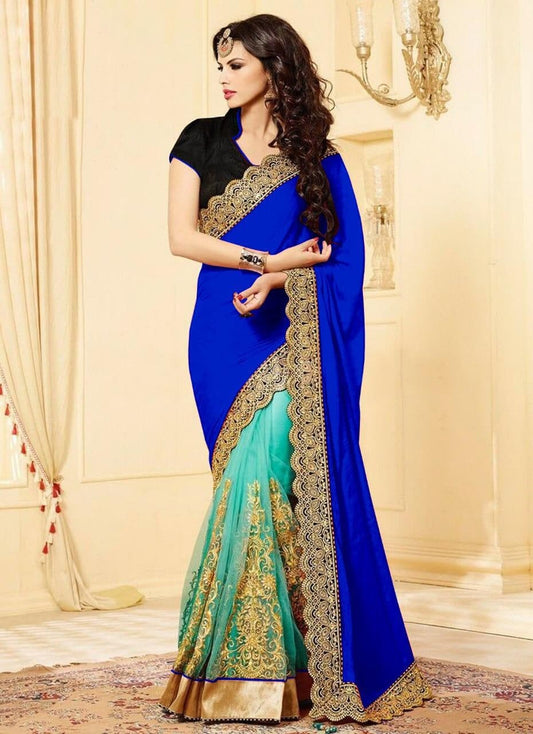 Dashing Blue Color Chiffon Embroidered Work Fancy Saree Blouse For Ladies