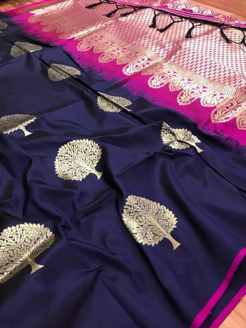 Enamoring Navy Blue Color Festive Wear Silk Weaving Work Fancy Saree Blouse