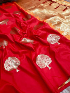 Desirable Red Color Lichi Silk Party Wear Jacquard Work Fancy Saree Blouse