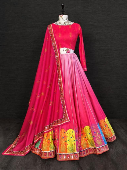 Striking Pink Color Mirror Printed Designer Work Art Silk Lehenga Choli