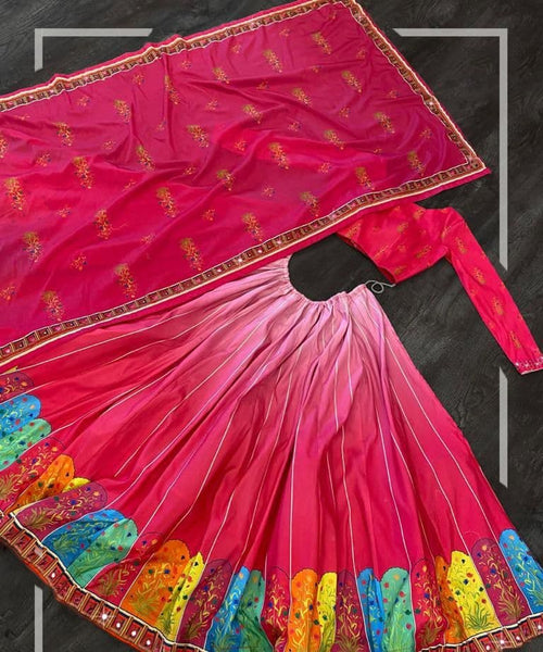 Striking Pink Color Mirror Printed Designer Work Art Silk Lehenga Choli