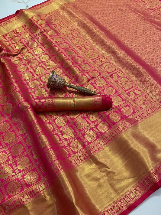 Flaunt Pink Color Kanchipuram Silk Zari Weaving Work Wedding Wear Fancy Saree Blouse