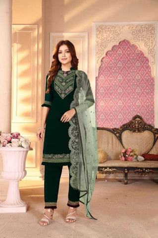 Impressive Rama Green Color Embroidered Work Georgette Salwar Suit