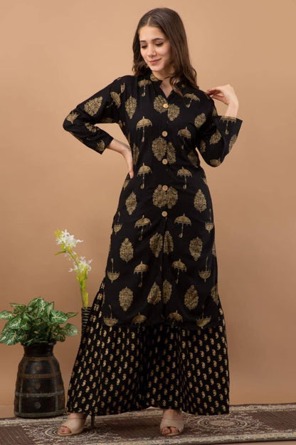 Prodigious Black Color Ready Made Rayon Printed Plazo Kurti