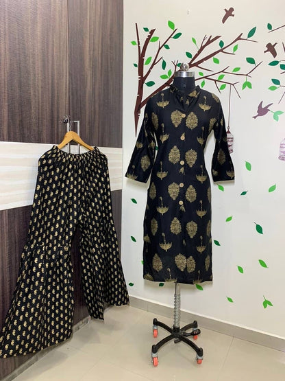 Prodigious Black Color Ready Made Rayon Printed Plazo Kurti