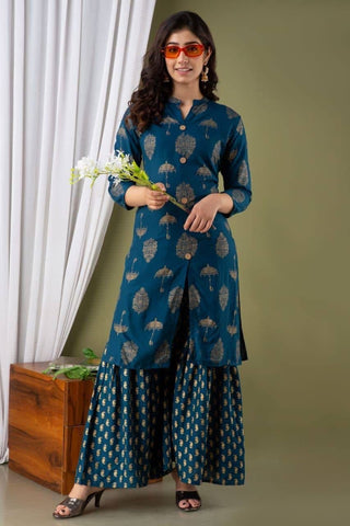 Amazaballs Rama Blue Color Rayon Golden Printed Full Stitched Kurti Plazo