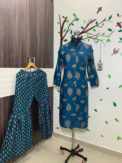 Amazaballs Rama Blue Color Rayon Golden Printed Full Stitched Kurti Plazo