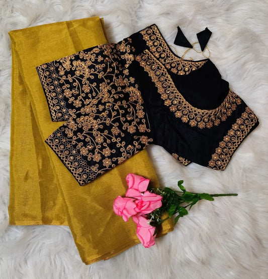 Stupendous Mustard Color Tissue Silk Golden Zari Embroidered Work Fancy Saree Blouse