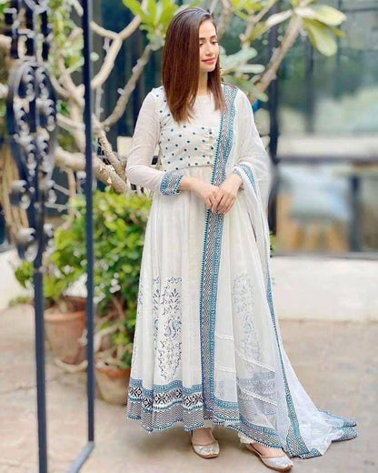 Enamoring White Color rayon Printed Ready Made Gown Dupatta For Ladies