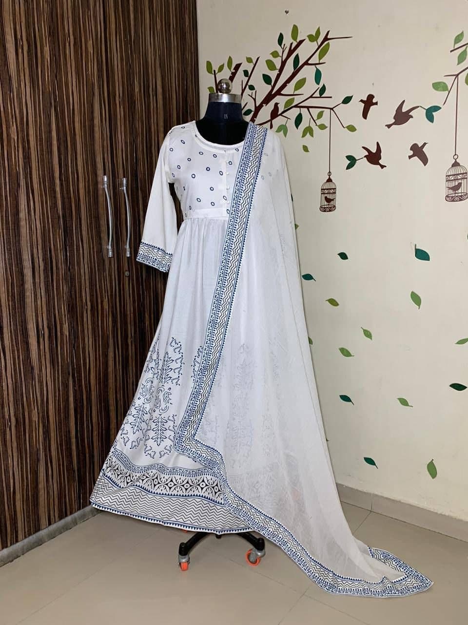 Enamoring White Color rayon Printed Ready Made Gown Dupatta For Ladies