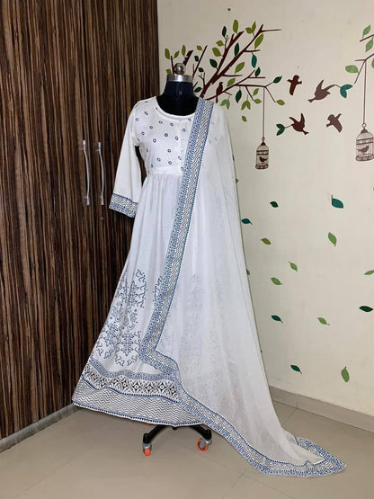 Enamoring White Color rayon Printed Ready Made Gown Dupatta For Ladies