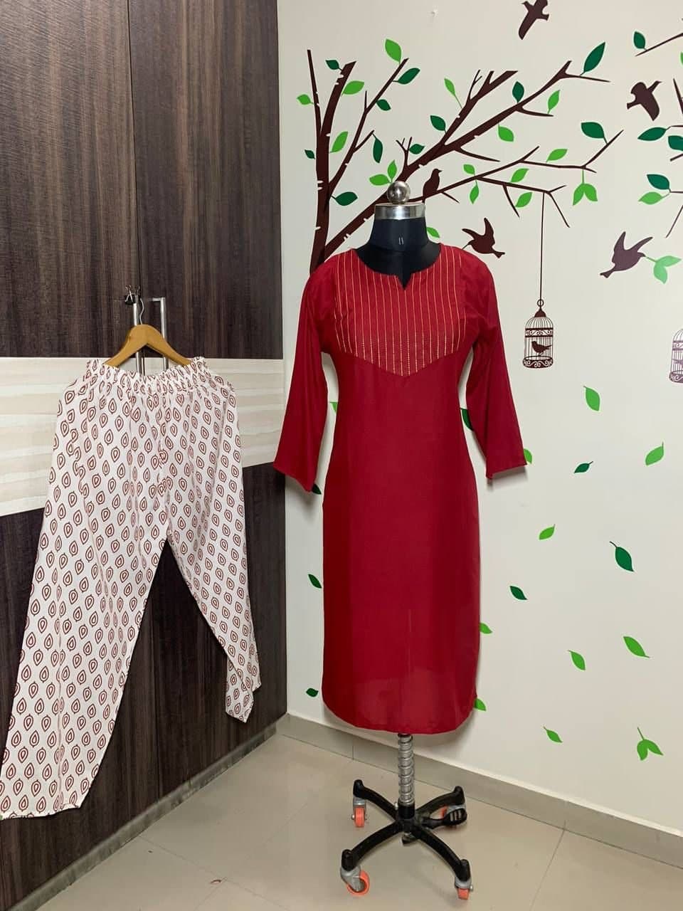 Amazing Red Color Rayon Full Stitched Embroidered Work Kurti Plazo