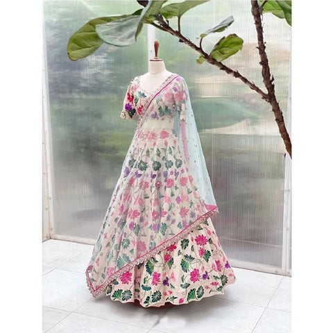Novelty White Color Silk Designer Embroidered Work Function Wear Lehenga Choli