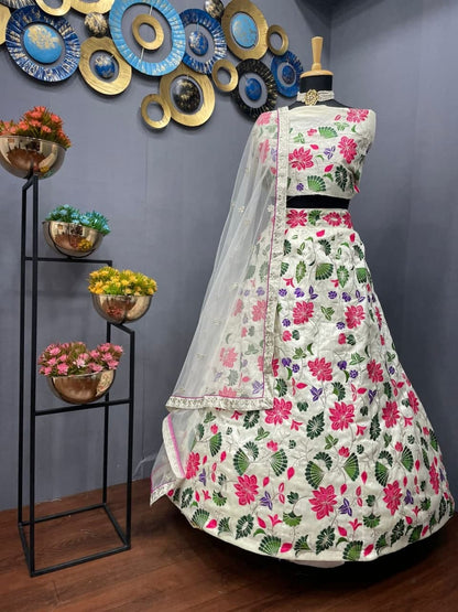 Novelty White Color Silk Designer Embroidered Work Function Wear Lehenga Choli