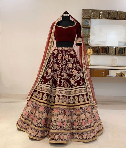 Amazaballs Maroon Color Bridal Wear Velvet Design Embroidered Work Lehenga Choli