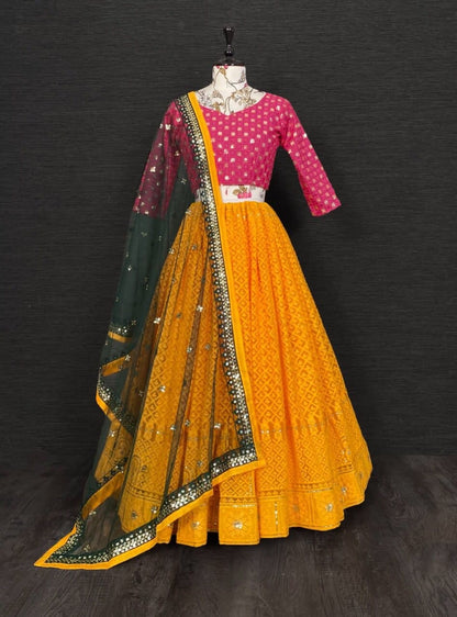Shattering Mustard Color Net Lucknowi Embroidered Work Wedding Wear Lehenga Choli