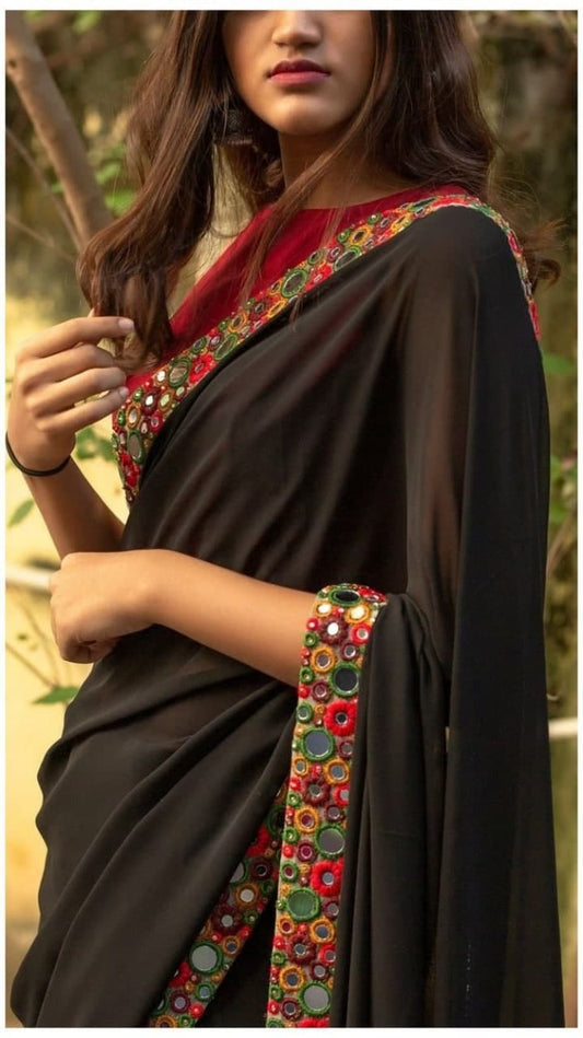 Staggering Black Color Georgette Embroidered Mirror Work Party Wear Fancy Saree Blouse