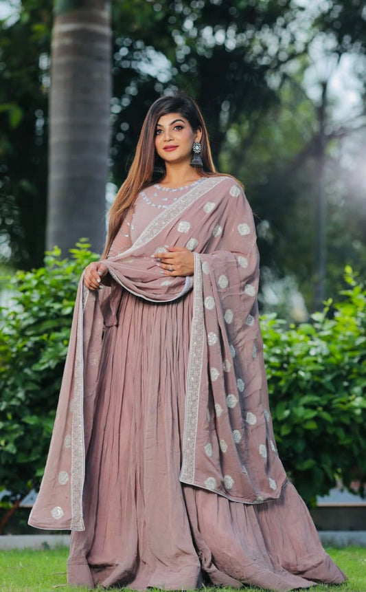 Blooming Copper Color Georgette Embroidered Work Dupatta Gown
