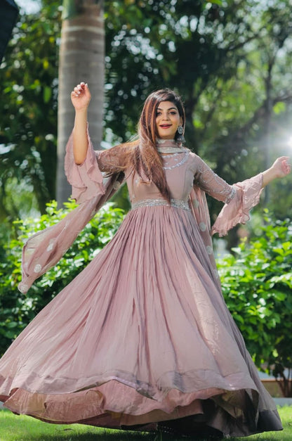 Blooming Copper Color Georgette Embroidered Work Dupatta Gown