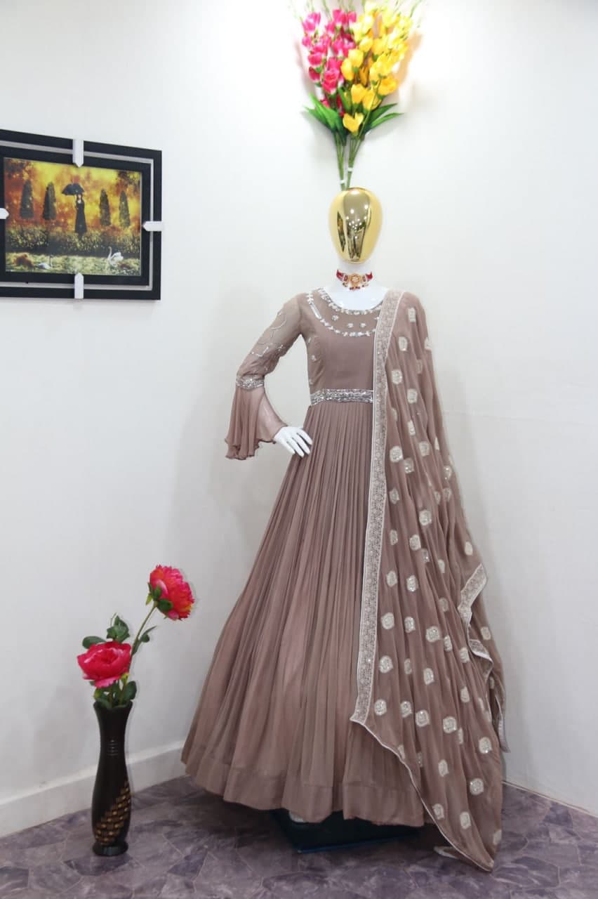Blooming Copper Color Georgette Embroidered Work Dupatta Gown
