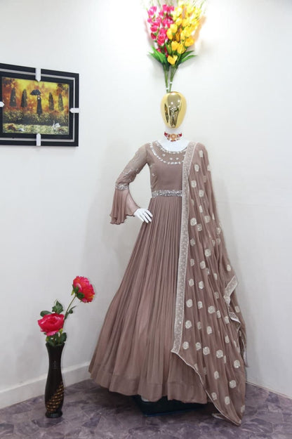 Blooming Copper Color Georgette Embroidered Work Dupatta Gown