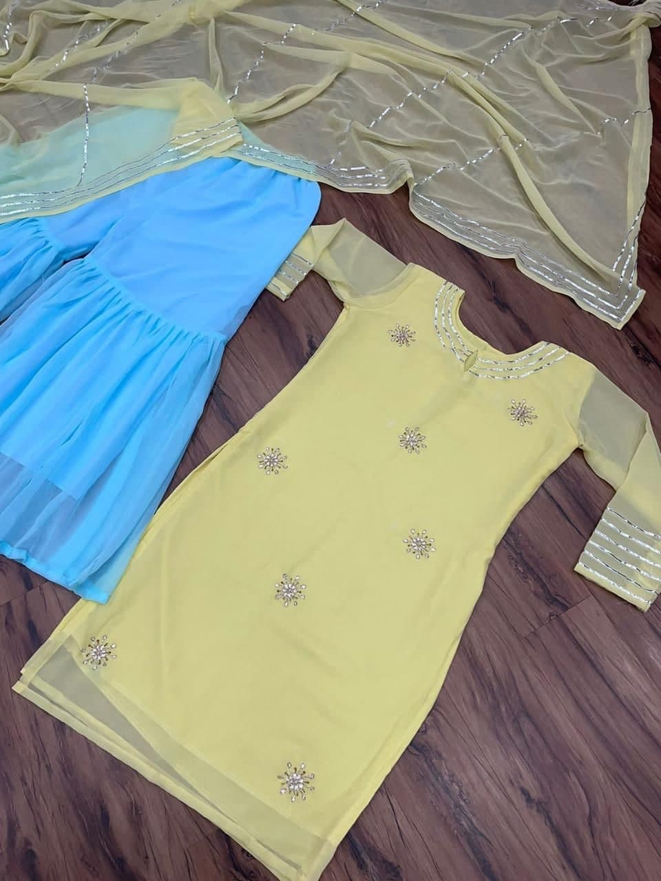 Graceful Yellow Color Georgette Hand Work Sharara Salwar Suit Design