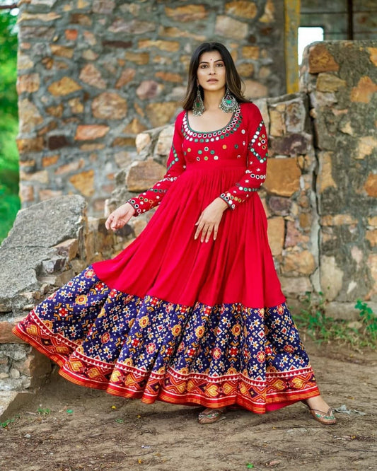 Staggering Red Color Silk Printed Mirror Work Full Stitched Gown