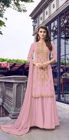 Old Rose Color Heavy Faux Georgette Chappat Badla Thread Embroidered Cording Stich Work Plazo Salwar Suit For Women