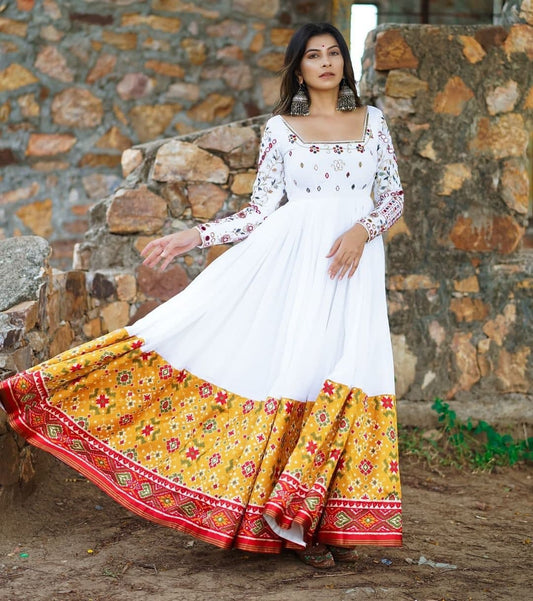 Dismaying White Color Silk Mirror Printed Ready Made Festive Wear Gown
