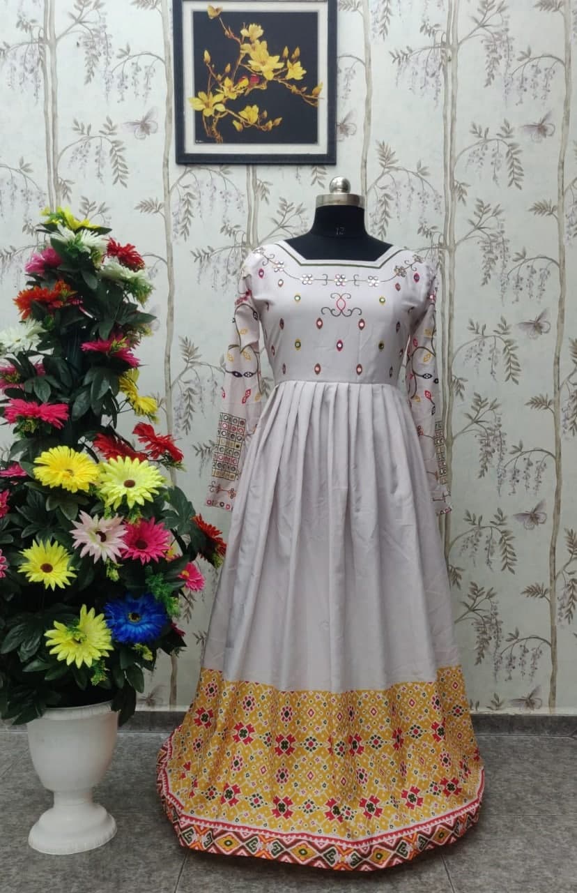 Dismaying White Color Silk Mirror Printed Ready Made Festive Wear Gown