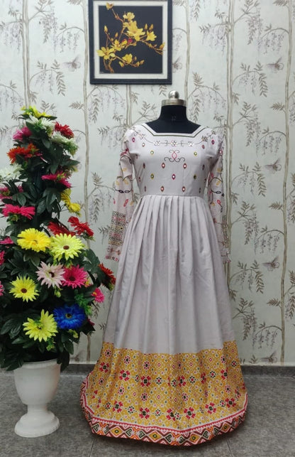 Dismaying White Color Silk Mirror Printed Ready Made Festive Wear Gown