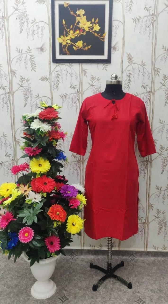 Ravishing Red Color Full Stitched Cotton Kurti For Running Wear