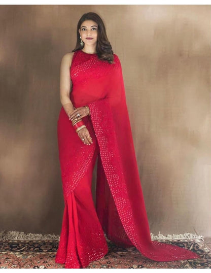 Glamorous Red Color Georgette Sequence Work Function Wear Fancy Saree Blouse