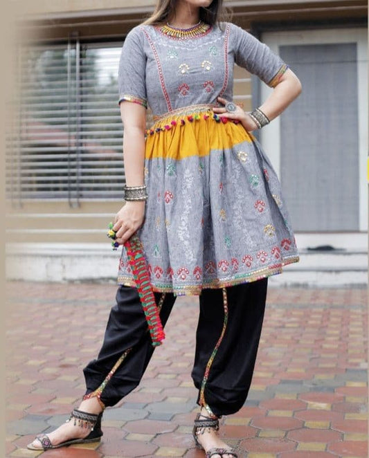 Phenomenal Grey Color Ready Made Cotton Mirror Work Dhoti Top For Ladies